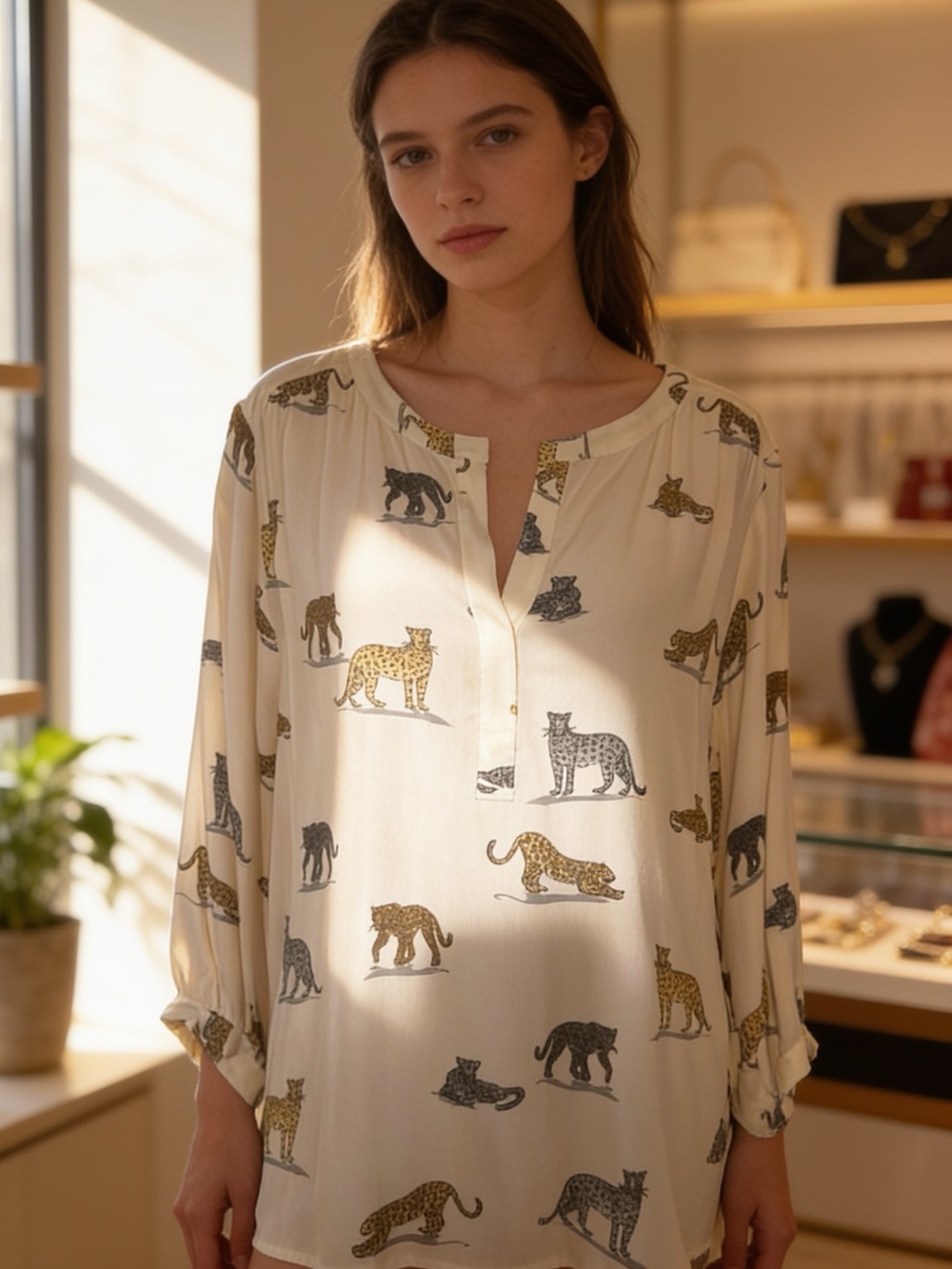 Cream Animal Print Henley Blouse